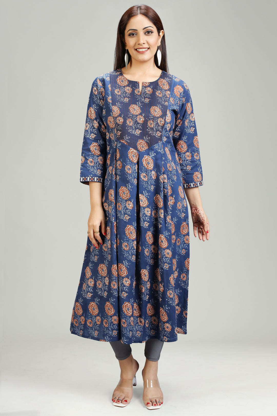 Blue Jaipuri Cotton Gathered Printed Kurta