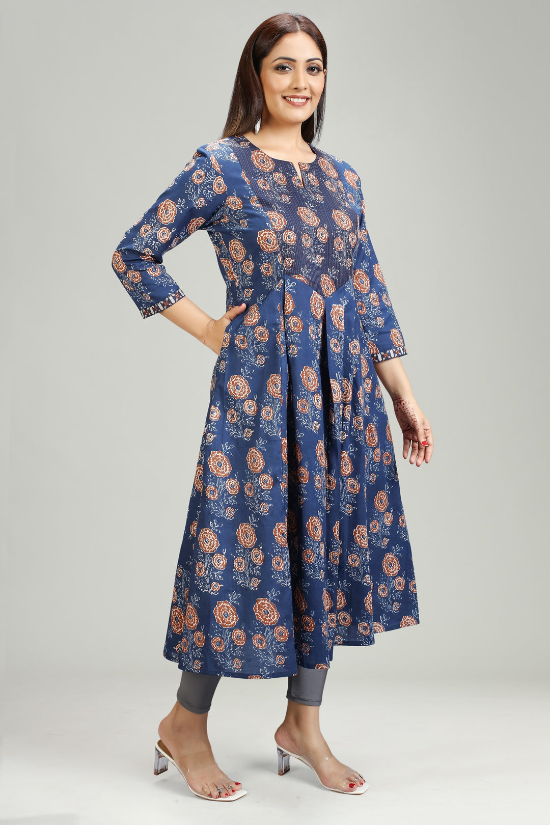 Blue Jaipuri Cotton Gathered Printed Kurta