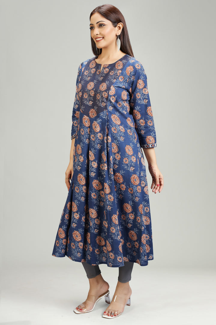 Blue Jaipuri Cotton Gathered Printed Kurta