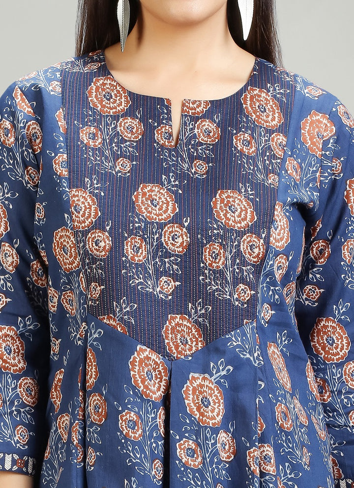 Blue Jaipuri Cotton Gathered Printed Kurta