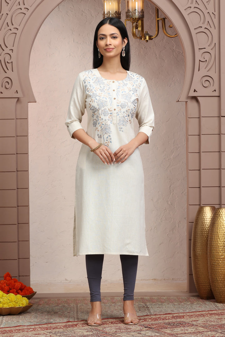 Off White Flax Cotton Straight Embroidered Kurta