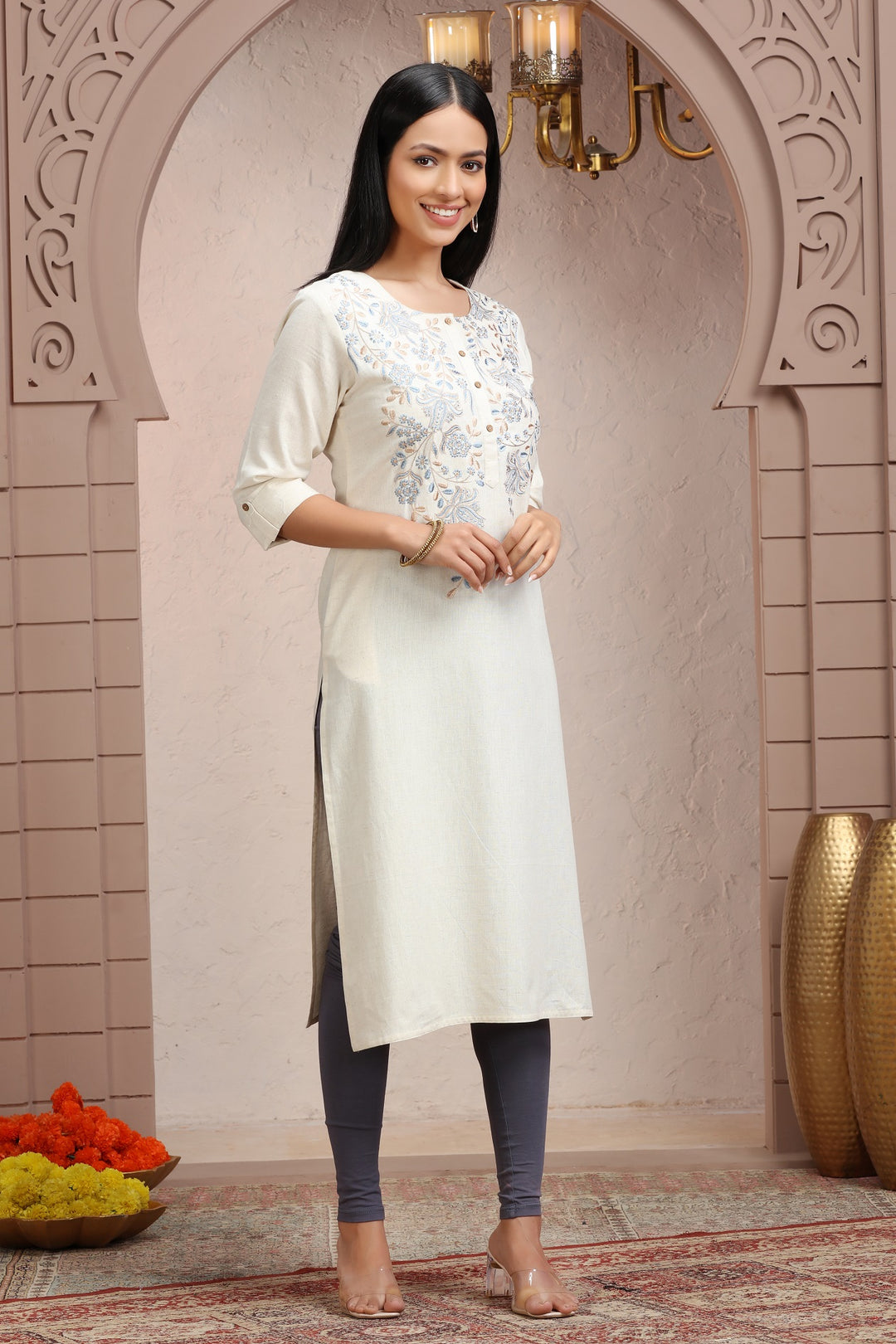 Off White Flax Cotton Straight Embroidered Kurta