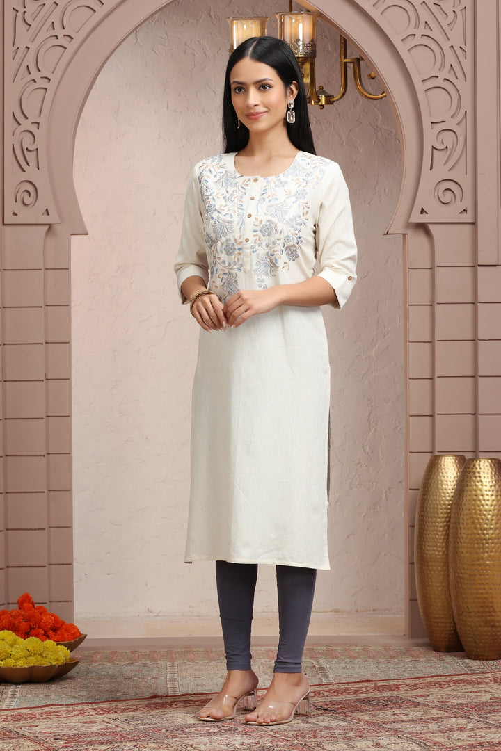 Off White Flax Cotton Straight Embroidered Kurta