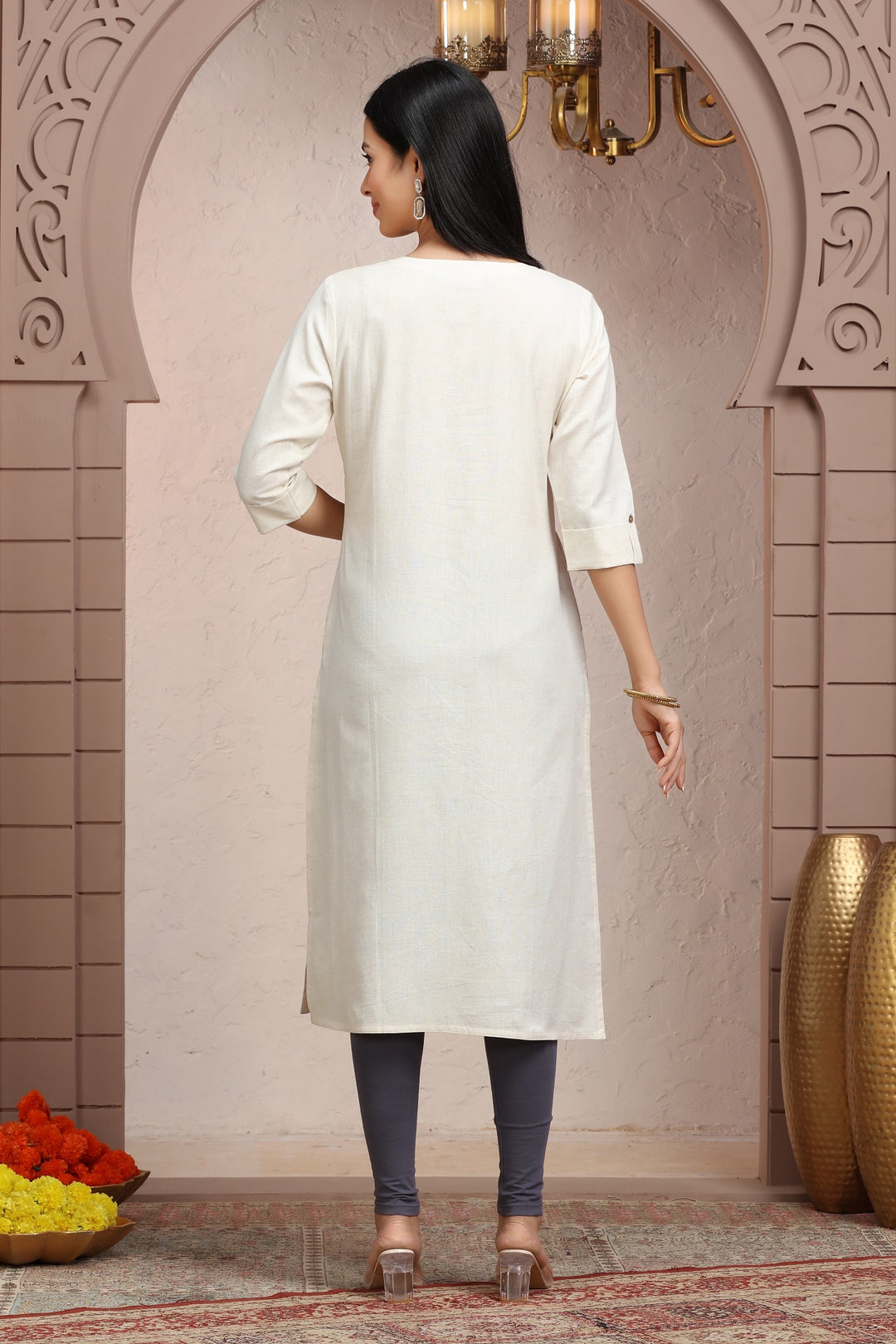 Off White Flax Cotton Straight Embroidered Kurta