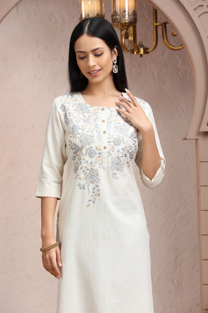 Off White Flax Cotton Straight Embroidered Kurta