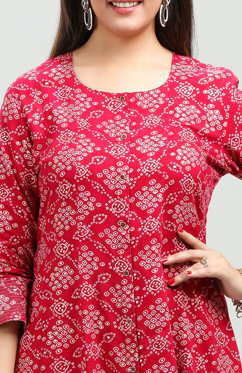 Berry Red Rayon Kalidar Printed Kurta