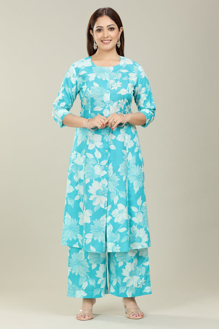 Sky Blue Cotton A Line Printed Kurta Pant Co ord Set