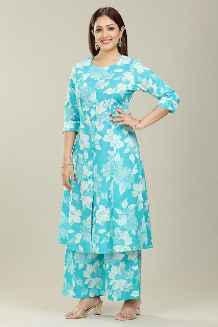 Sky Blue Cotton A Line Printed Kurta Pant Co ord Set