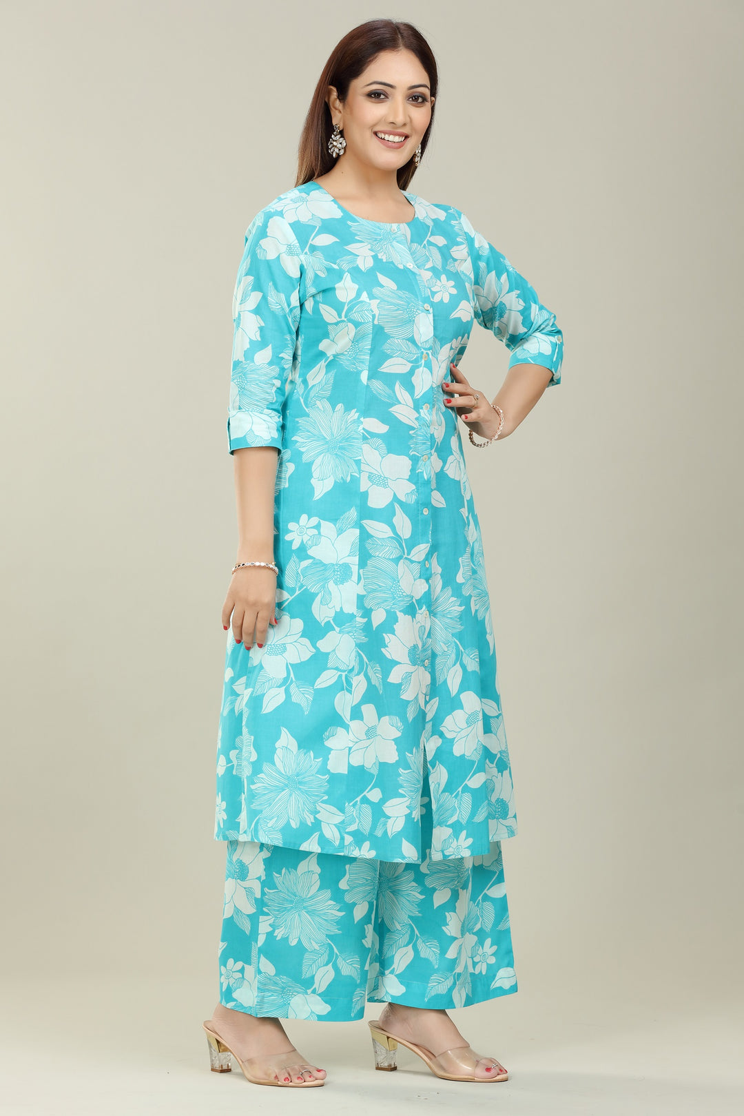 Sky Blue Cotton A Line Printed Kurta Pant Co ord Set