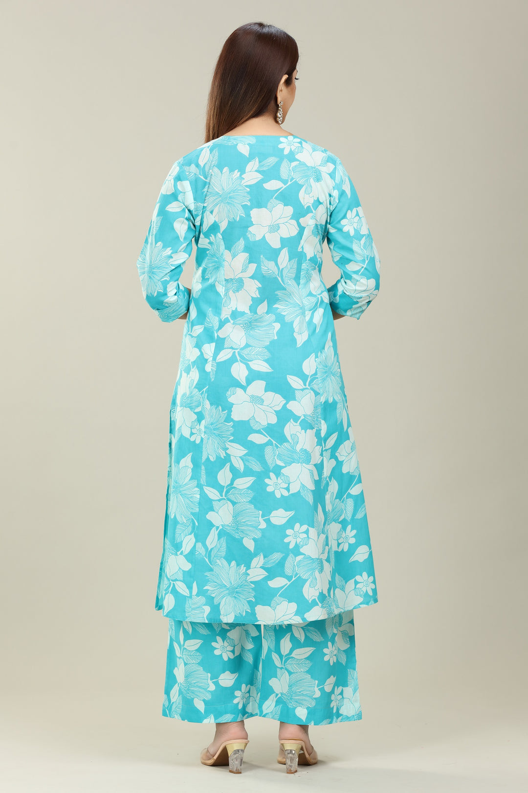 Sky Blue Cotton A Line Printed Kurta Pant Co ord Set