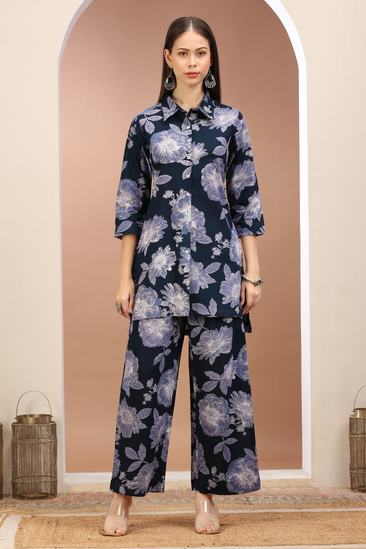 Navy Blue Flax Cotton Floral Printed Straight Kurta Pant Co ord Set for women