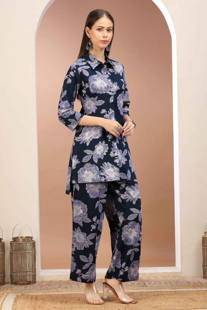 Navy Blue Flax Cotton Floral Printed Straight Kurta Pant Co ord Set for women / girls