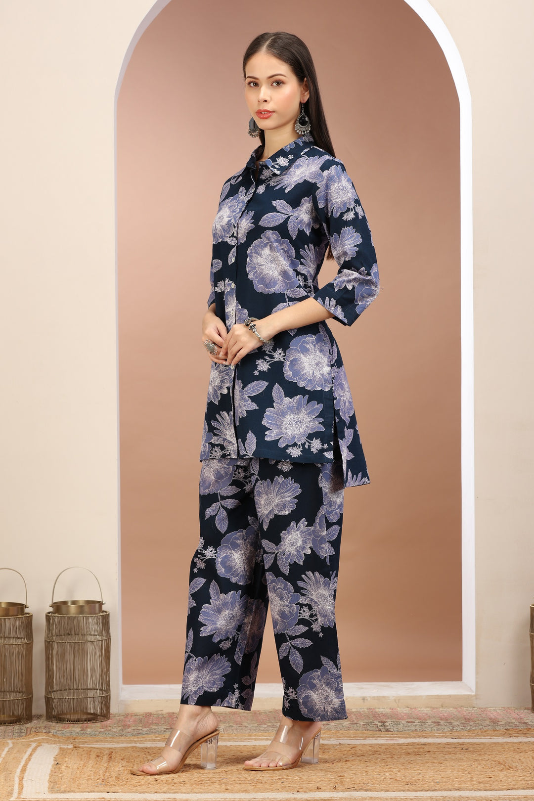 Navy Blue Flax Cotton Floral Printed Straight Kurta Pant Co ord Set for women / girls