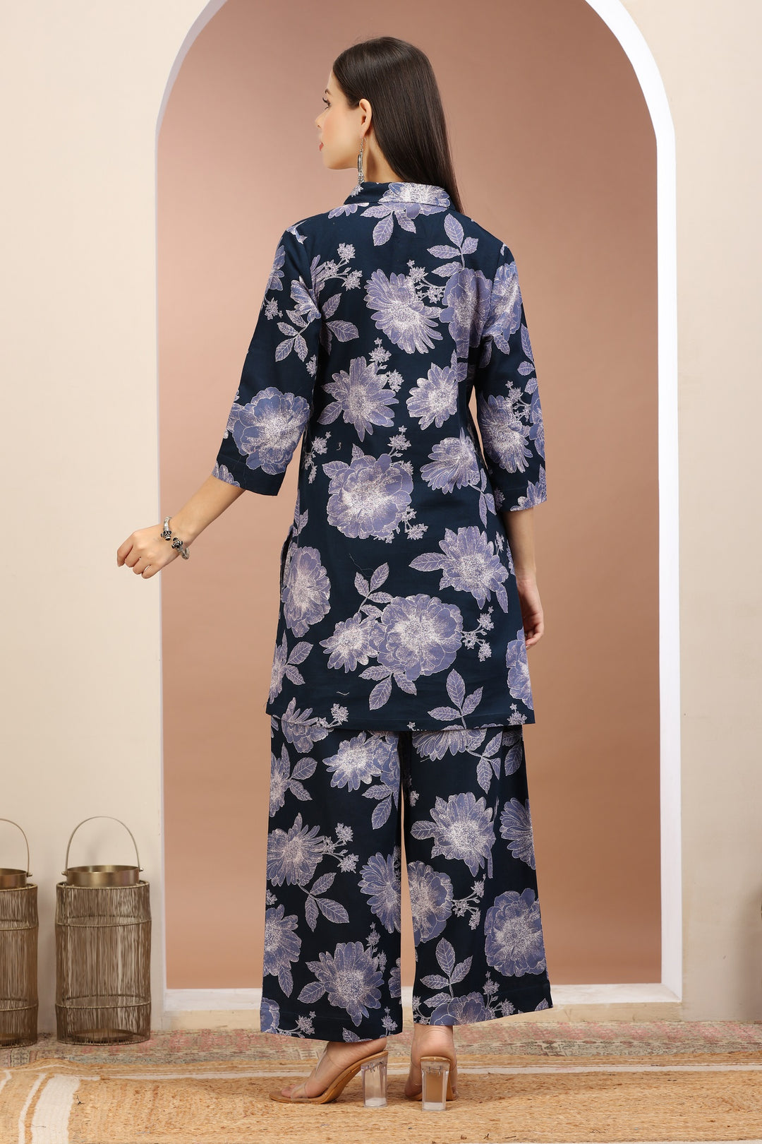 Navy Blue Flax Cotton Floral Printed Straight Kurta Pant Co ord Set for women / girls