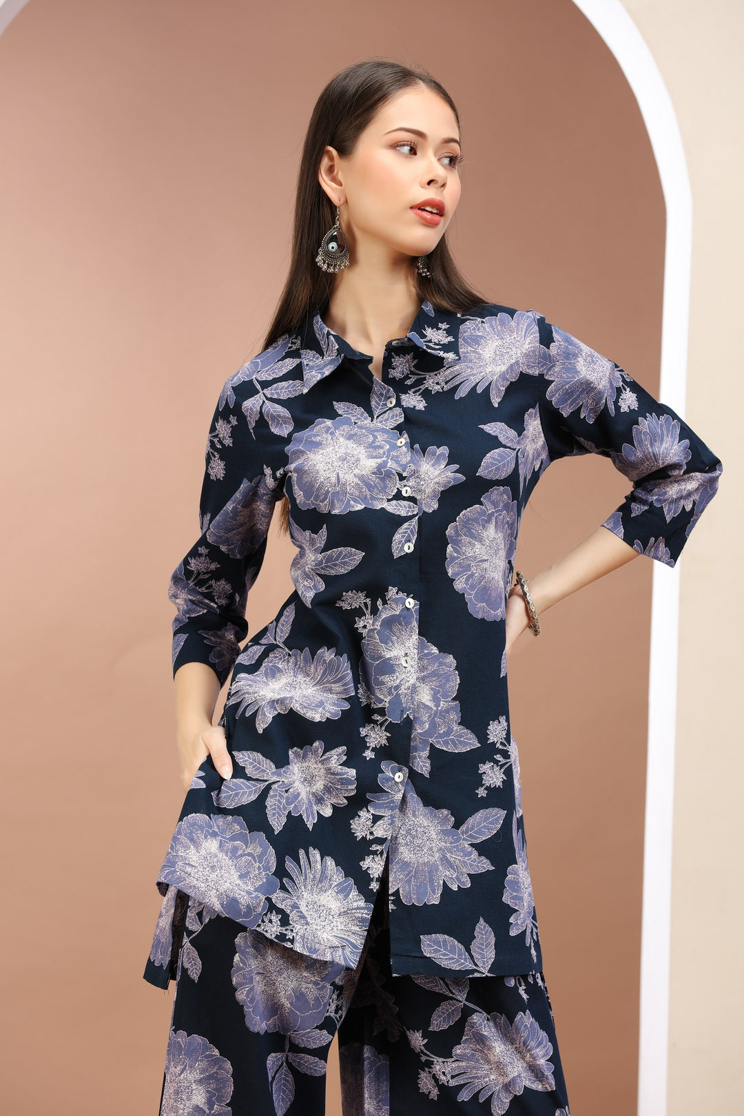 Navy Blue Flax Cotton Floral Printed Straight Kurta Pant Co ord Set for women / girls