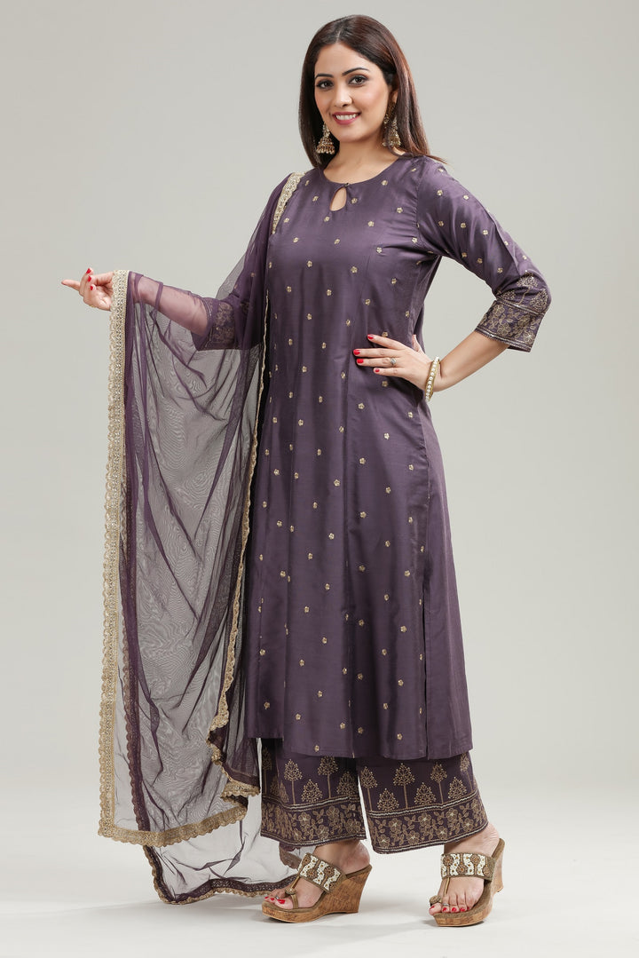 Light Purple PolySilk Straight Kurta Pant Suit Sets