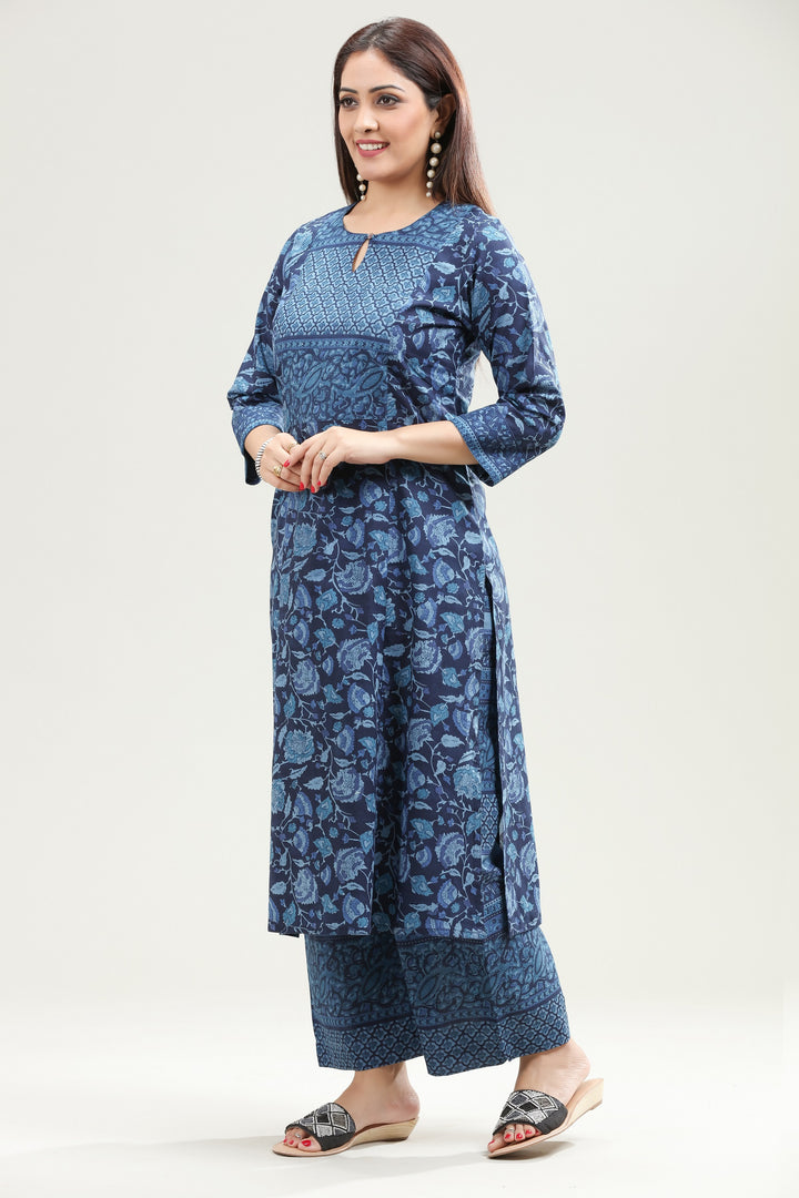 Blue Jaipuri Cotton Straight Printed Kurta Pant Co ord Set