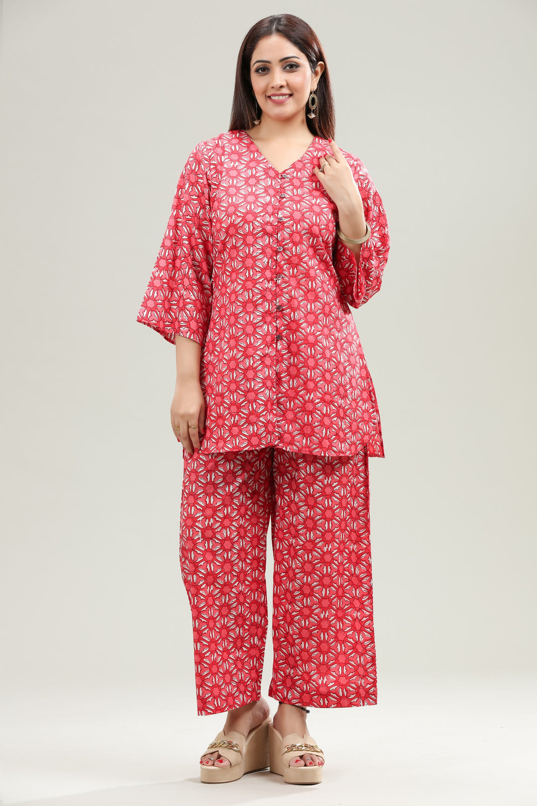 Red Jaipuri Cotton Straight Printed Kurta Pant Co ord Set