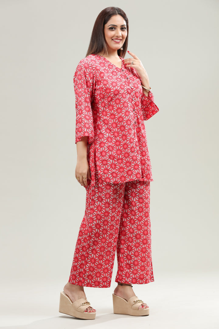 Red Jaipuri Cotton Straight Printed Kurta Pant Co ord Set