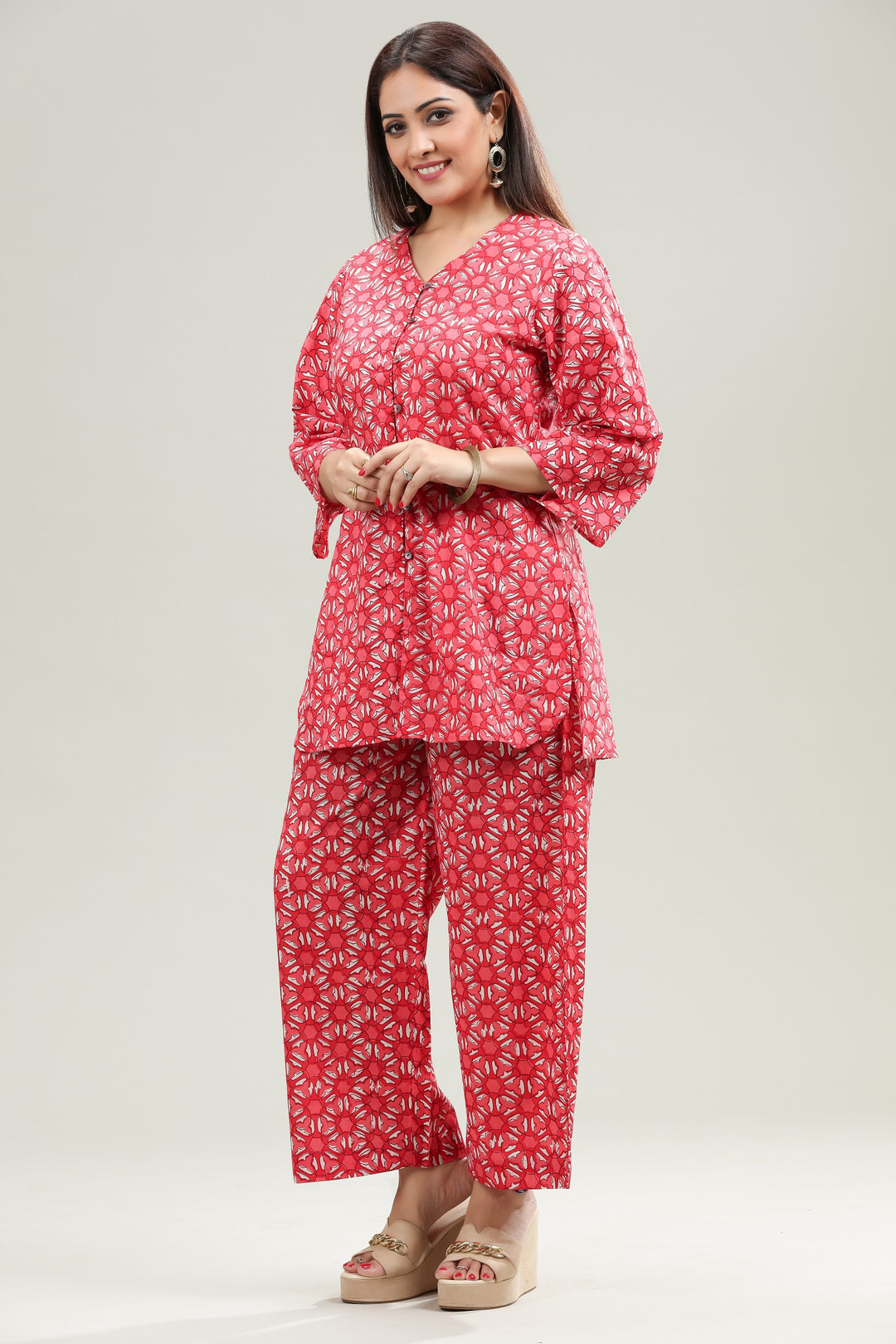 Red Jaipuri Cotton Straight Printed Kurta Pant Co ord Set