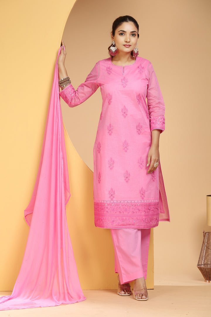 Pink Organdy Straight Embroidered Kurta pants and Dupatta Set