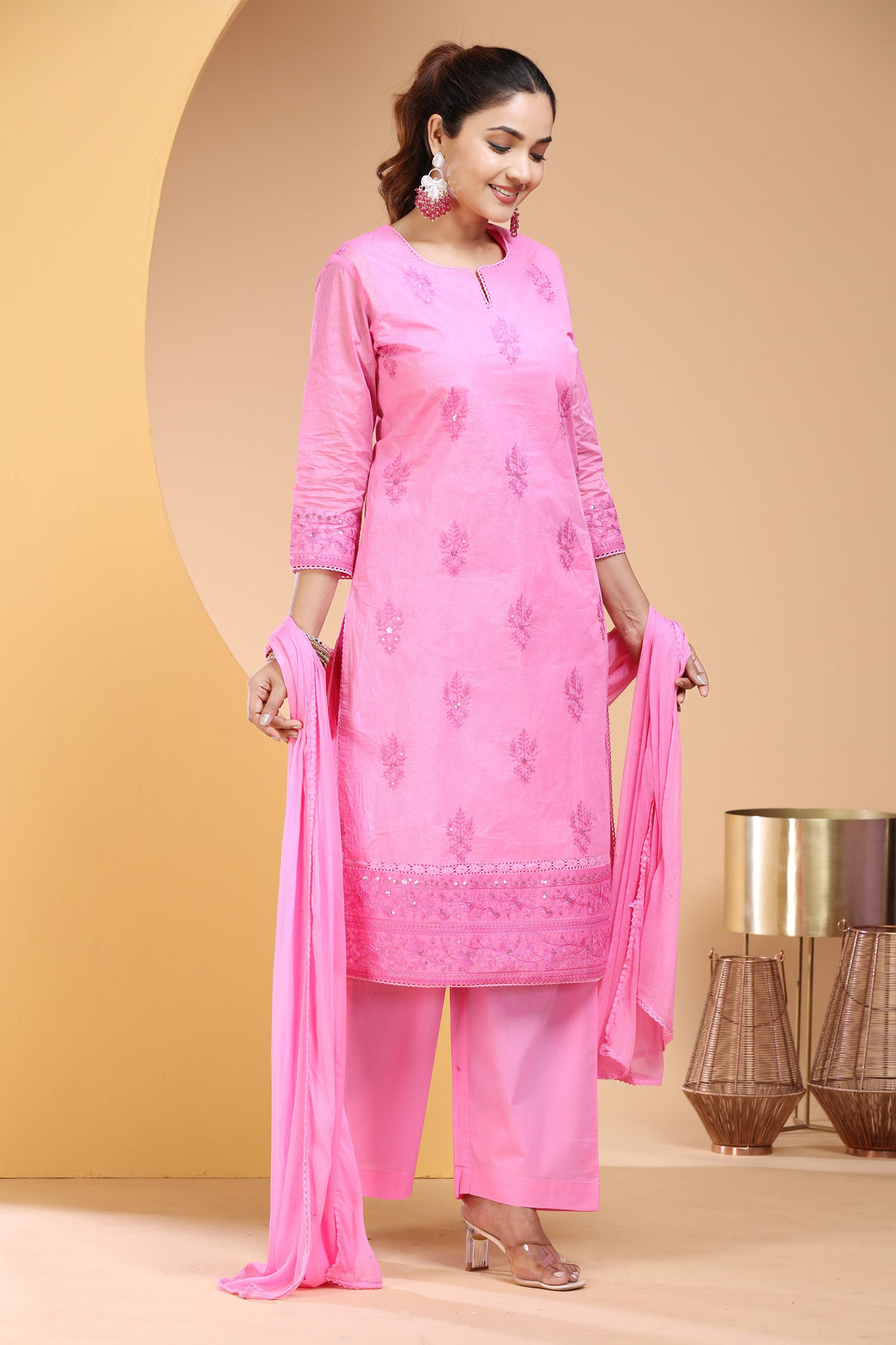 Pink Organdy Straight Embroidered Kurta pants and Dupatta Set