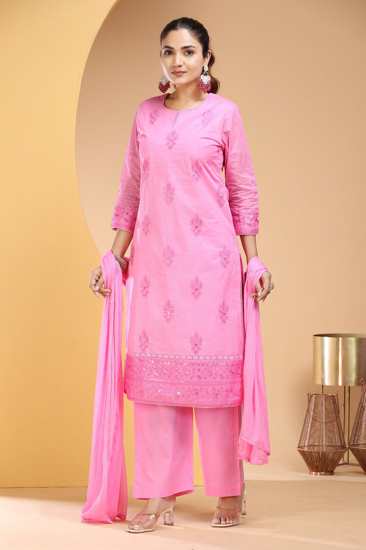 Pink Organdy Straight Embroidered Kurta pants and Dupatta Set