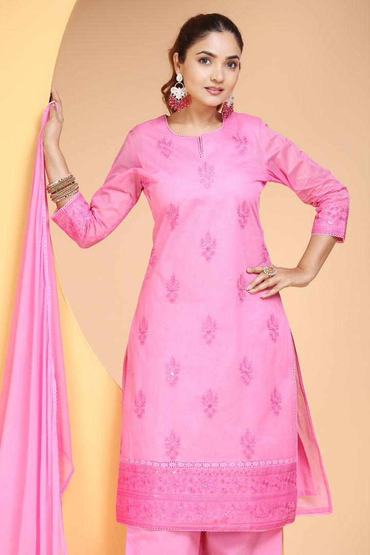 Pink Organdy Straight Embroidered Kurta pants and Dupatta Set