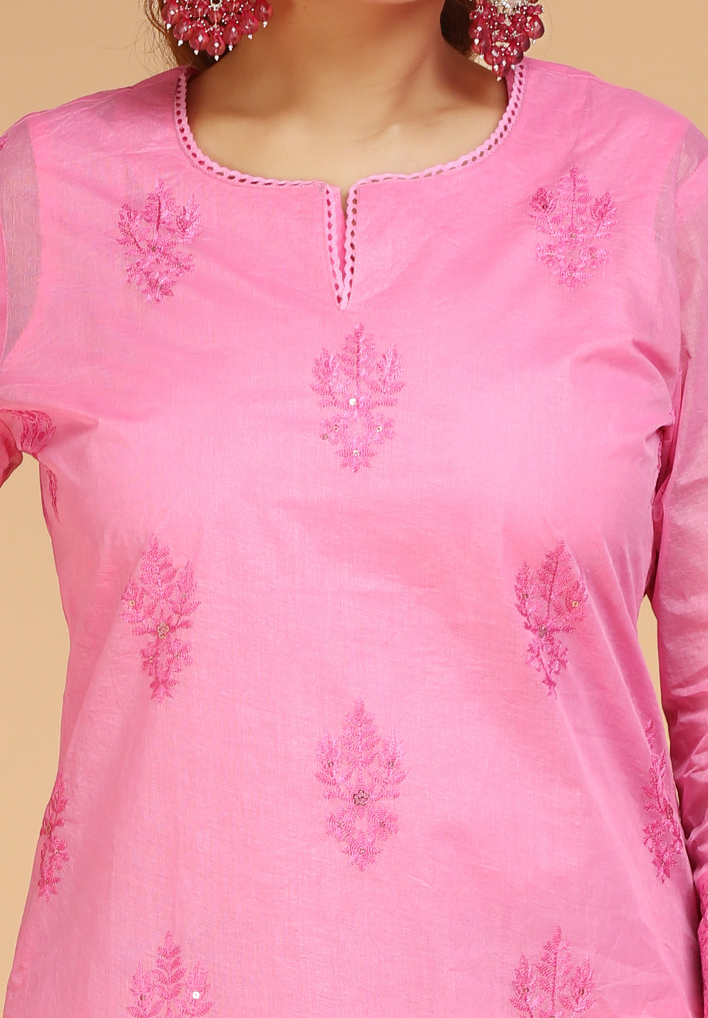 Pink Organdy Straight Embroidered Kurta pants and Dupatta Set