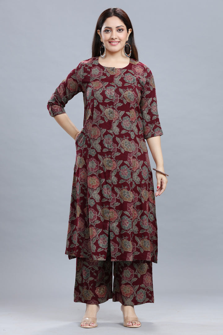 Maroon Rayon A Line Printed Kurta Pant Co ord Set