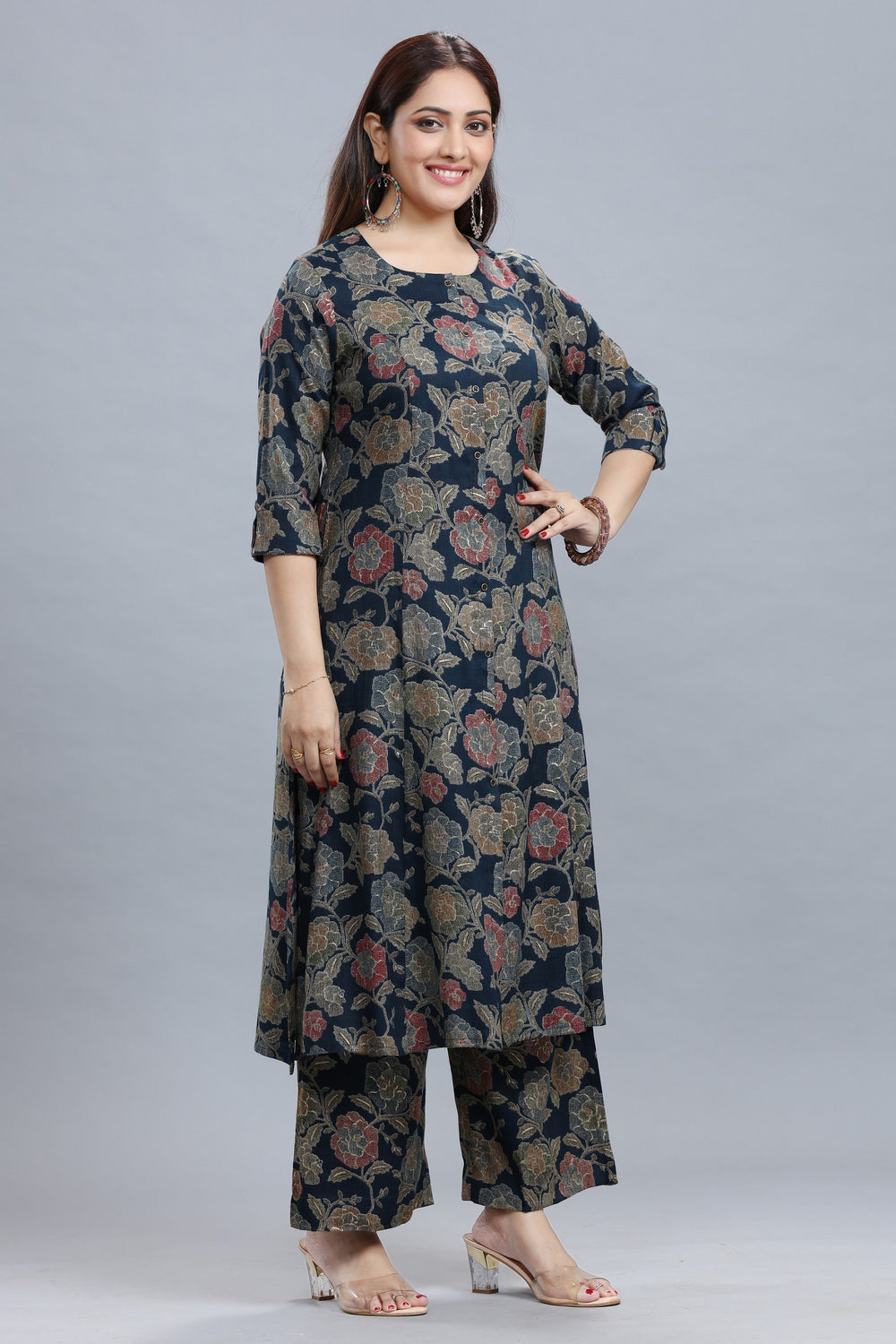 Black Rayon A Line Printed Kurta Pant Co ord Set