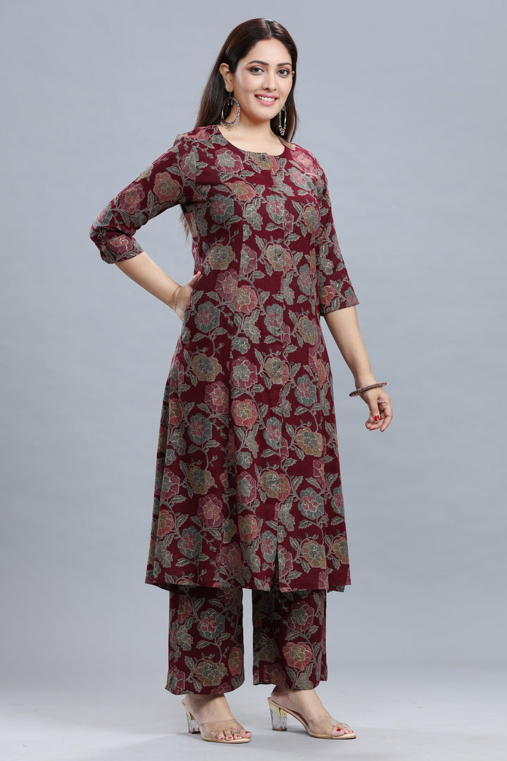 Maroon Rayon A Line Printed Kurta Pant Co ord Set