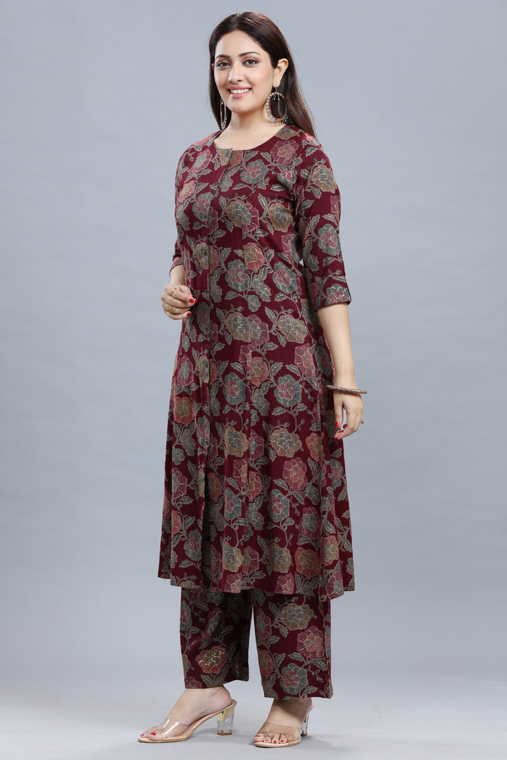 Maroon Rayon A Line Printed Kurta Pant Co ord Set