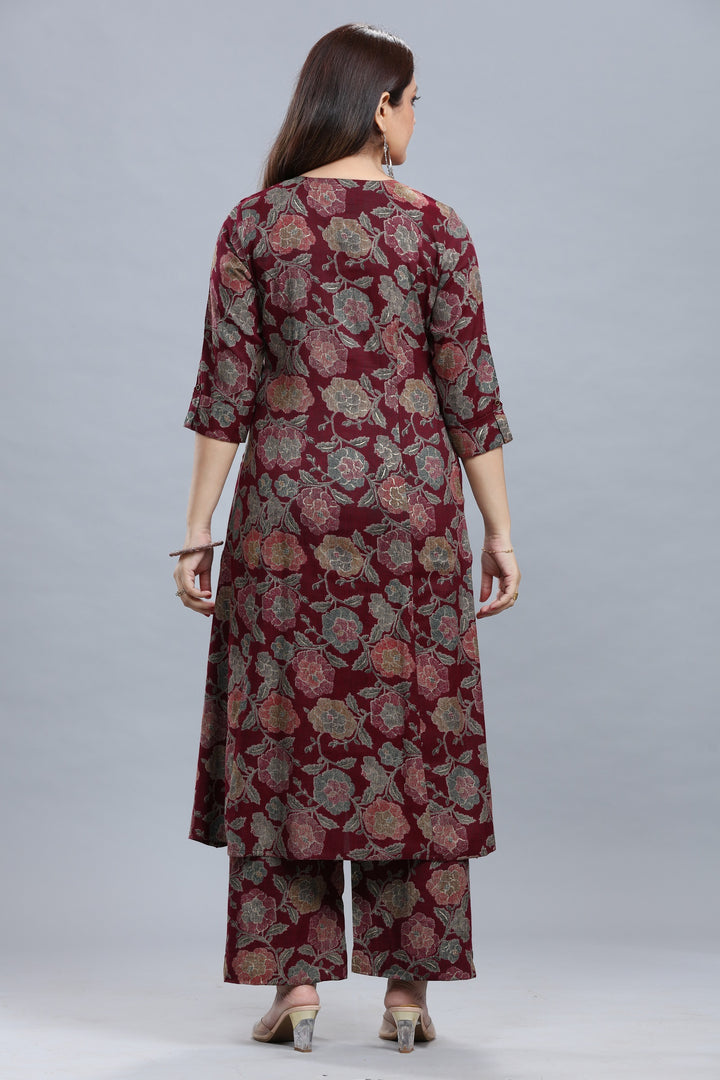 Maroon Rayon A Line Printed Kurta Pant Co ord Set