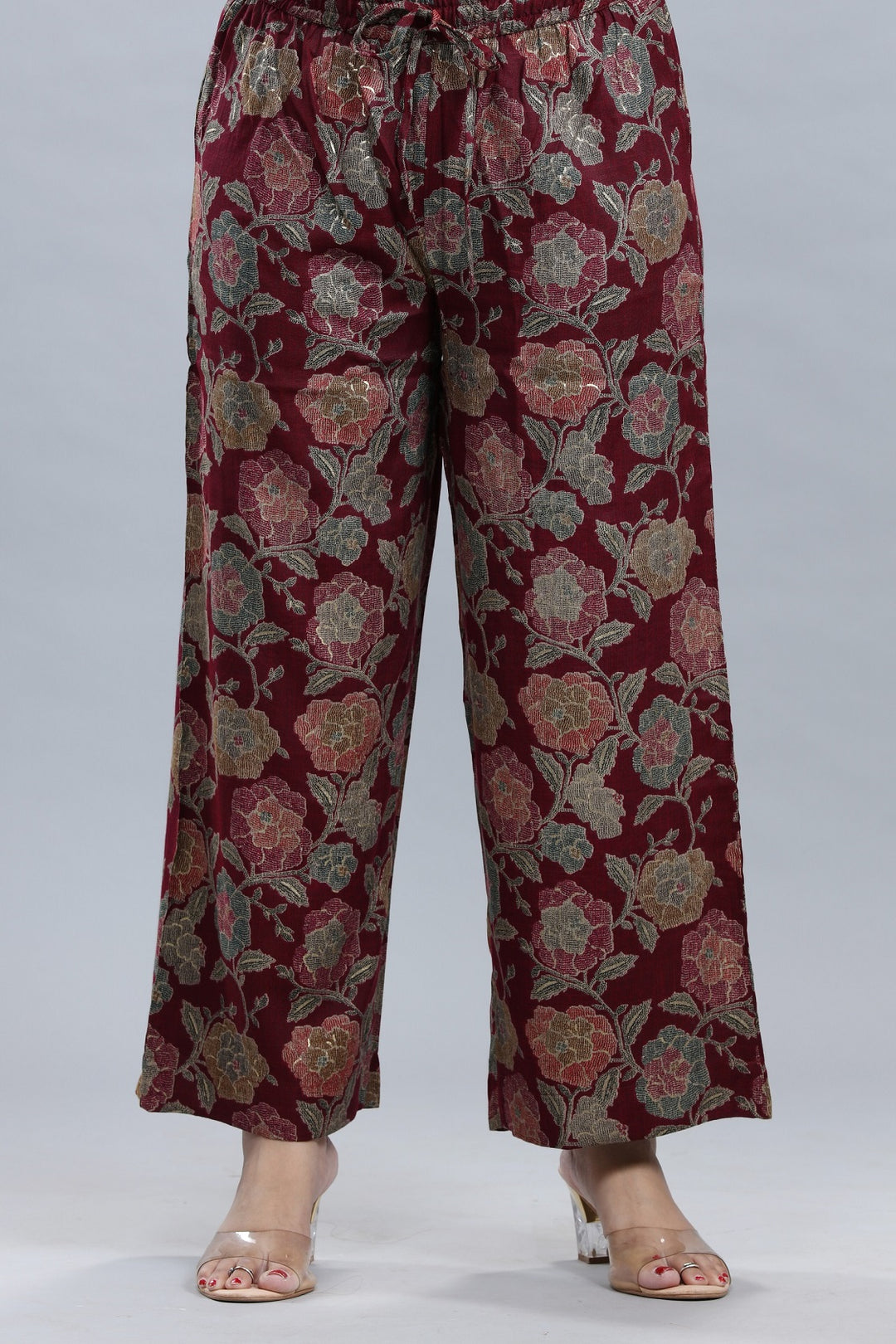 Maroon Rayon A Line Printed Kurta Pant Co ord Set