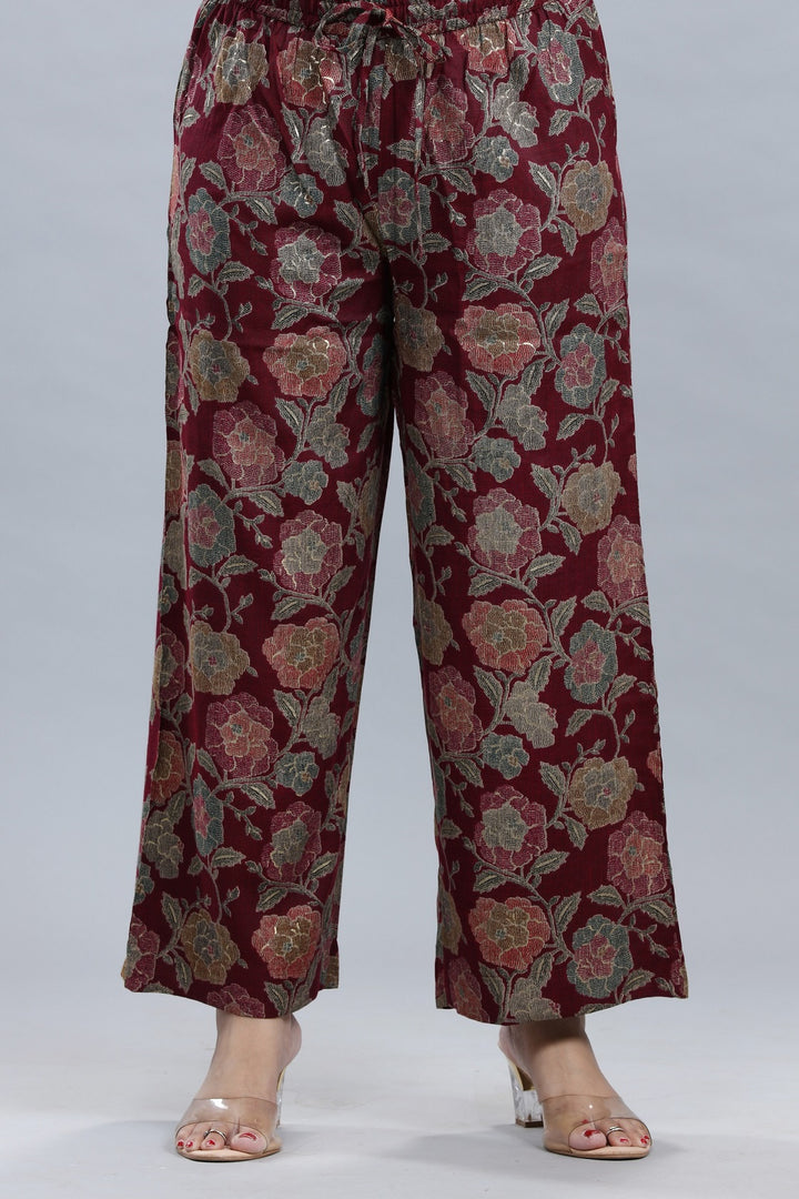 Maroon Rayon A Line Printed Kurta Pant Co ord Set