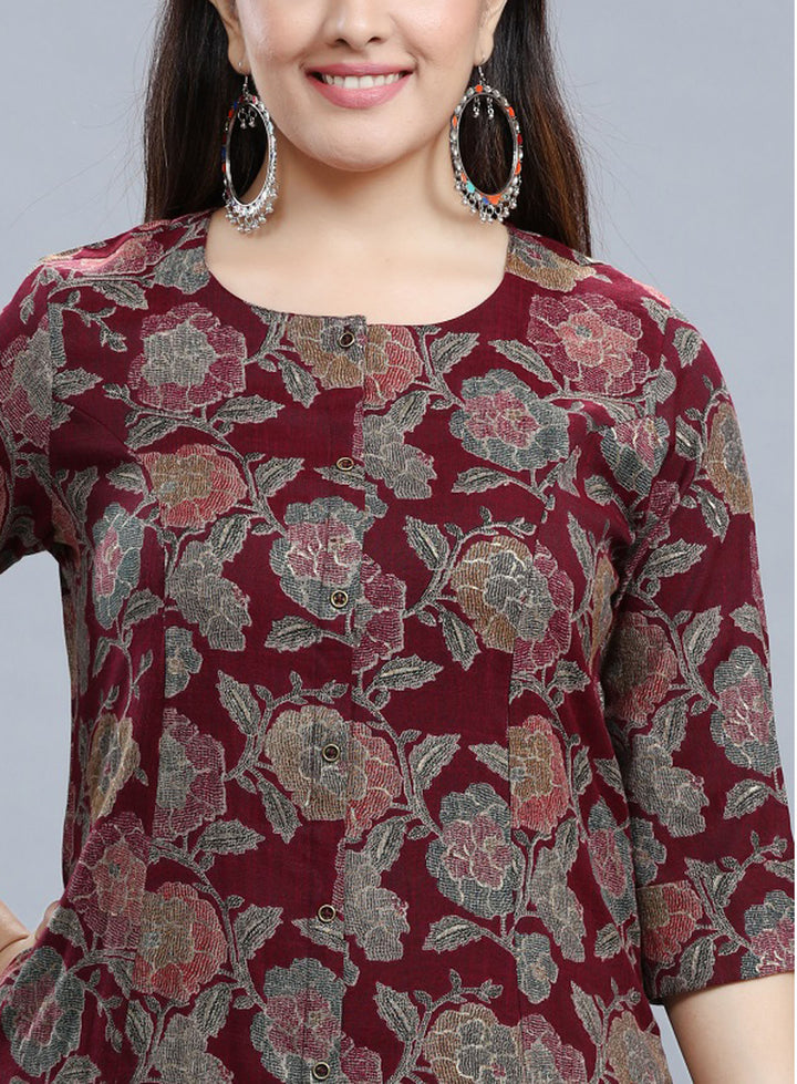 Maroon Rayon A Line Printed Kurta Pant Co ord Set