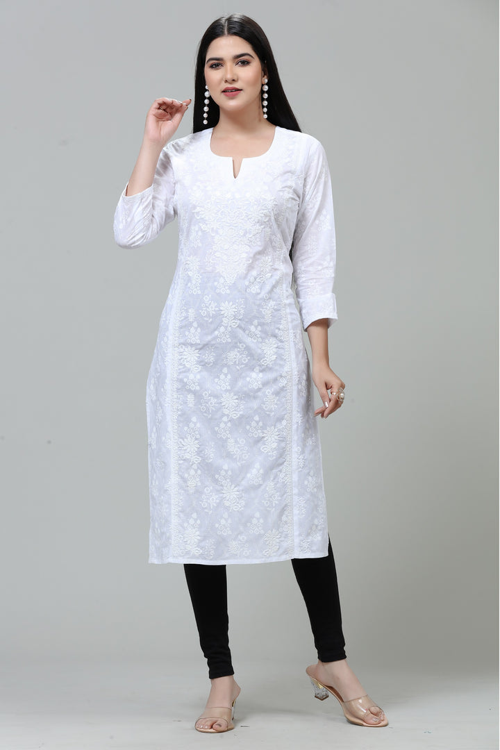 White Cotton Straight Embroidered Kurta