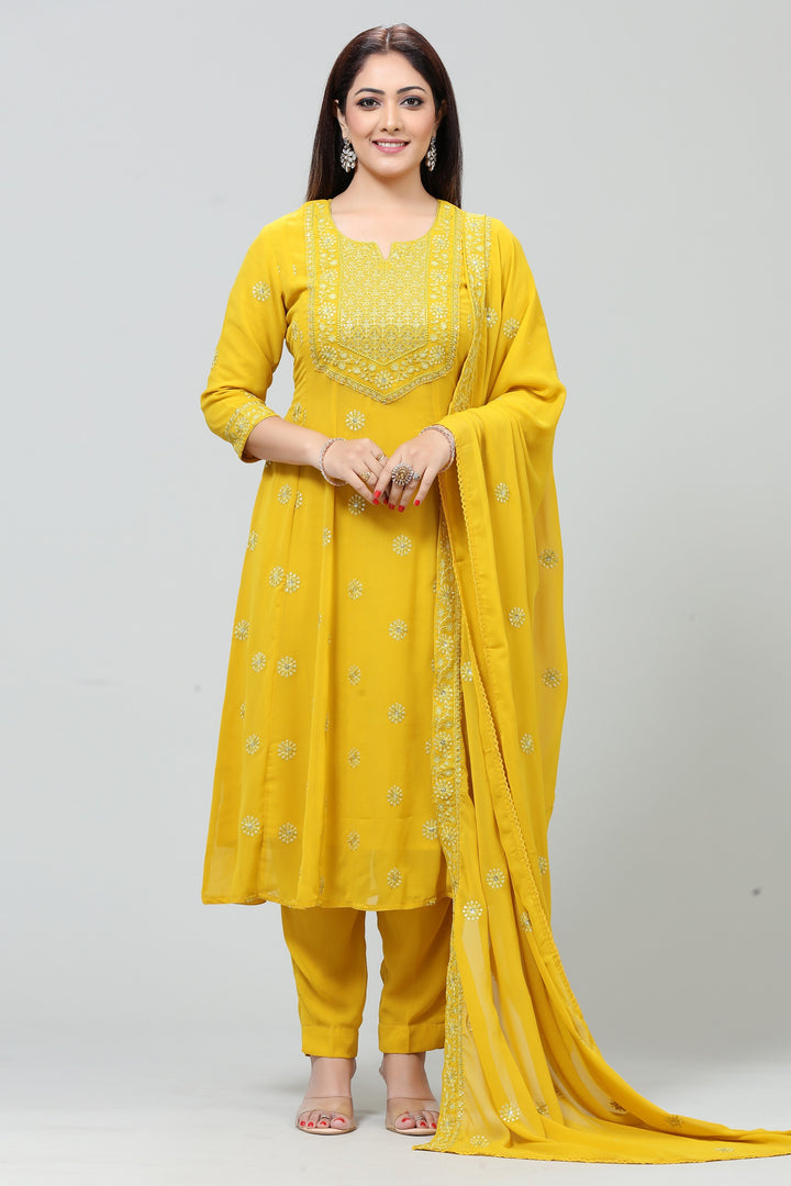 Yellow Georgette A Line Embroidered Kurta Pant Suit Set