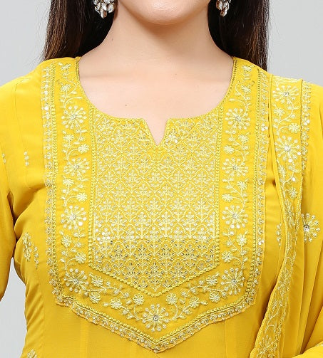 Yellow Georgette A Line Embroidered Kurta Pant Suit Set