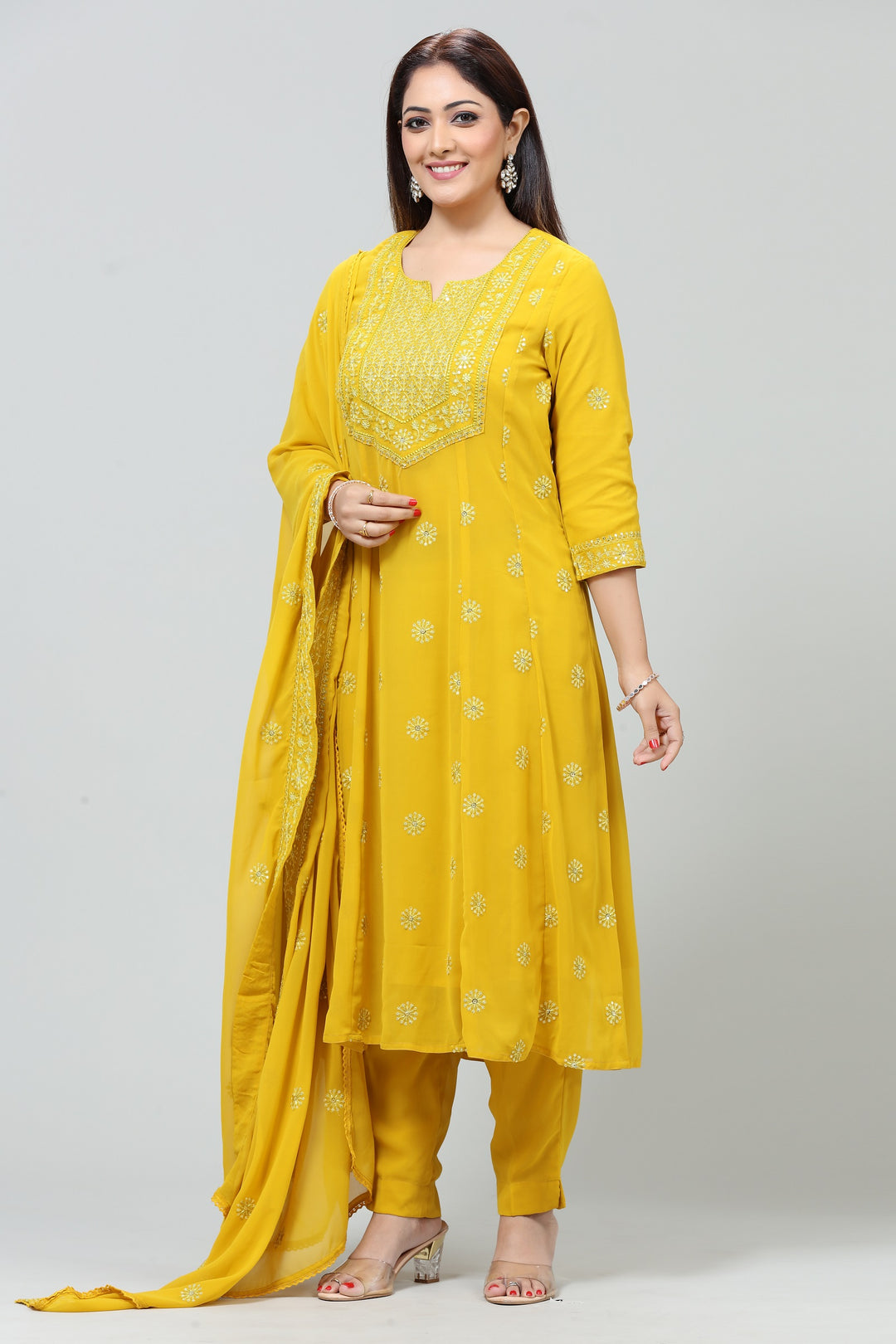 Yellow Georgette A Line Embroidered Kurta Pant Suit Set