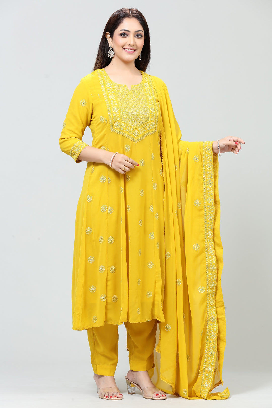 Yellow Georgette A Line Embroidered Kurta Pant Suit Set