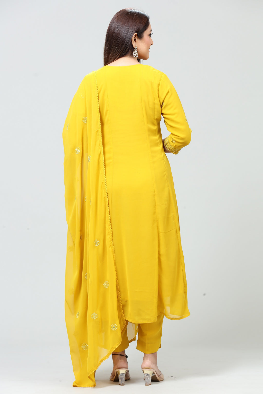 Yellow Georgette A Line Embroidered Kurta Pant Suit Set