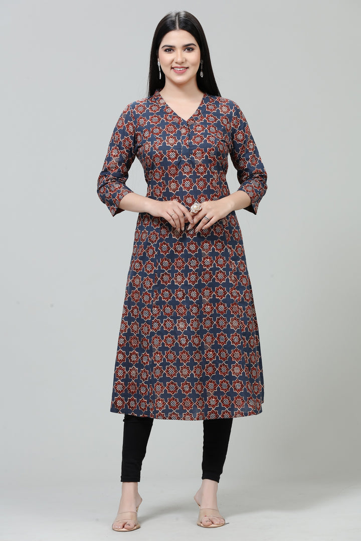 Brown Jaipuri Cotton A Line Printed Kurta