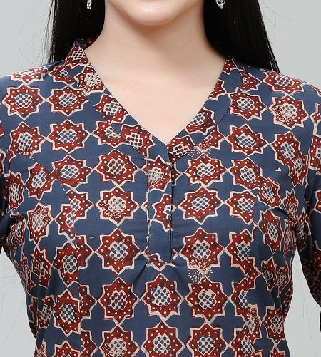 Brown Jaipuri Cotton A Line Printed Kurta