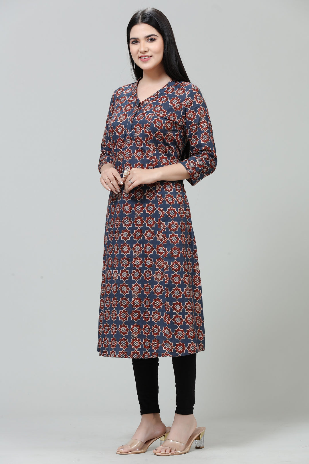 Brown Jaipuri Cotton A Line Printed Kurta