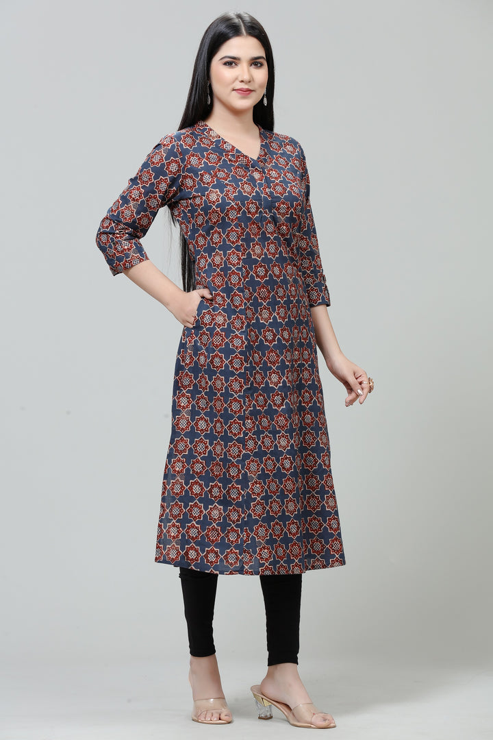 Brown Jaipuri Cotton A Line Printed Kurta