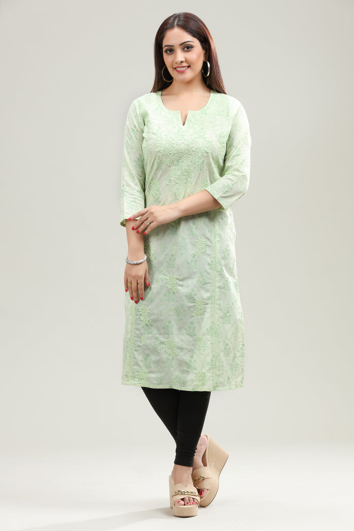 Pista Green Cotton Embroidered Straight Kurta