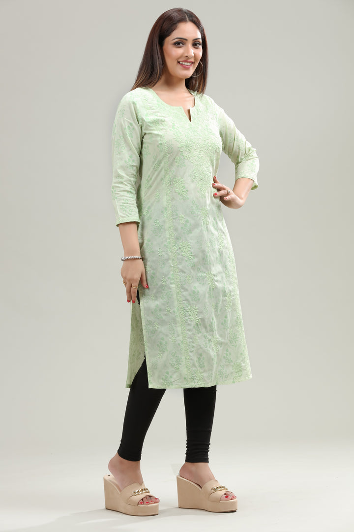 Pista Green Cotton Embroidered Straight Kurta