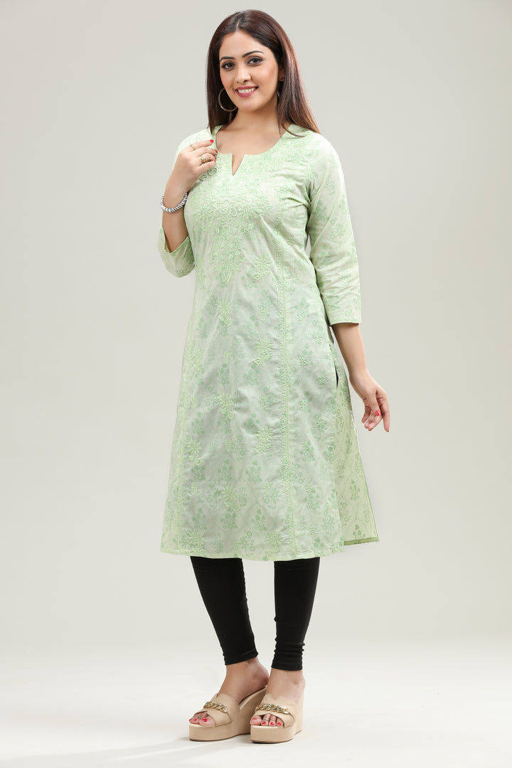 Pista Green Cotton Embroidered Straight Kurta